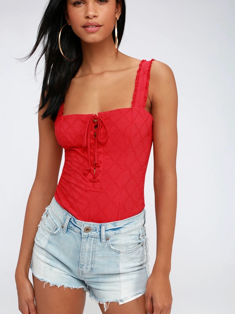 Free People Make Me Up Red Eyelet Lace-Up Bodysuit